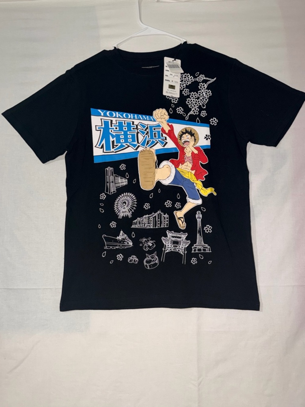 Onepiece Black Tee with Blue Yokohama Graphic and Colorful Character